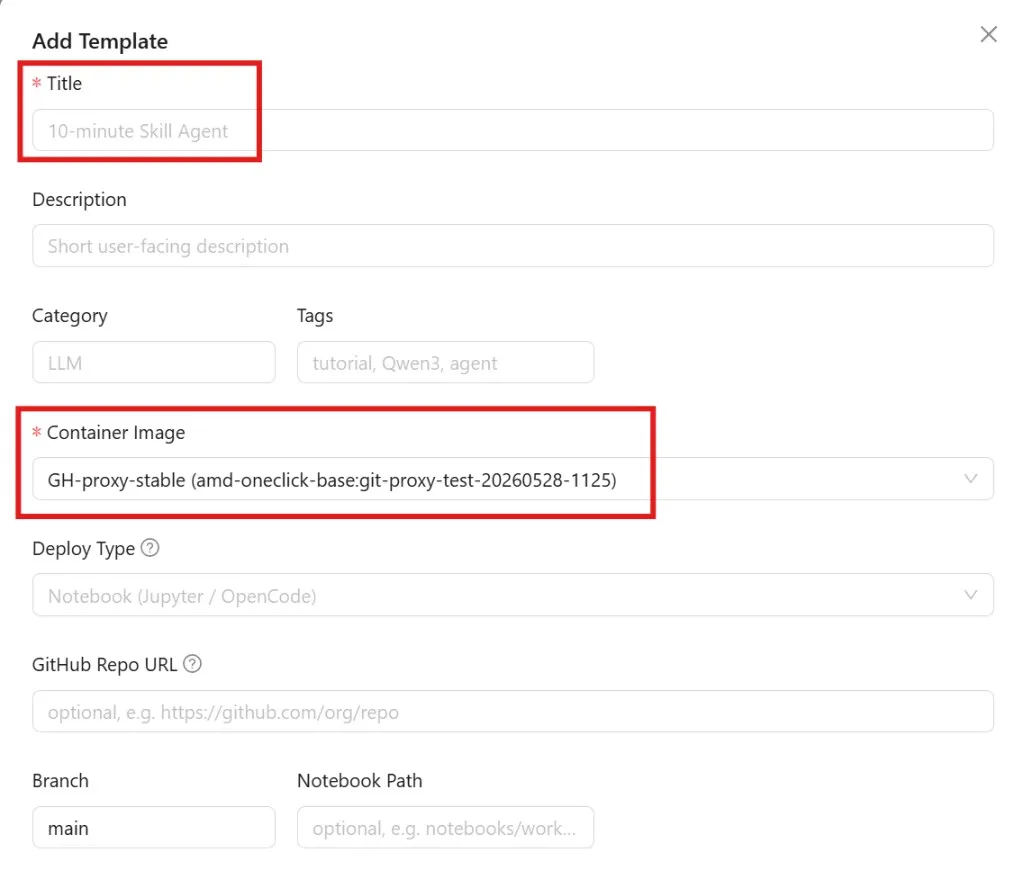 The template form with title and container image