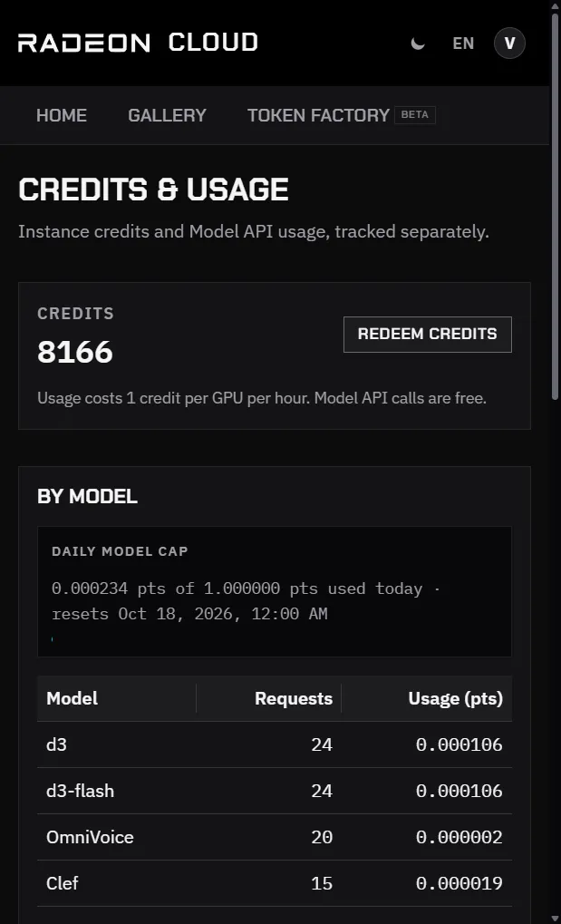 Credits & Usage: the credit balance, Redeem credits, and Token Factory usage by model