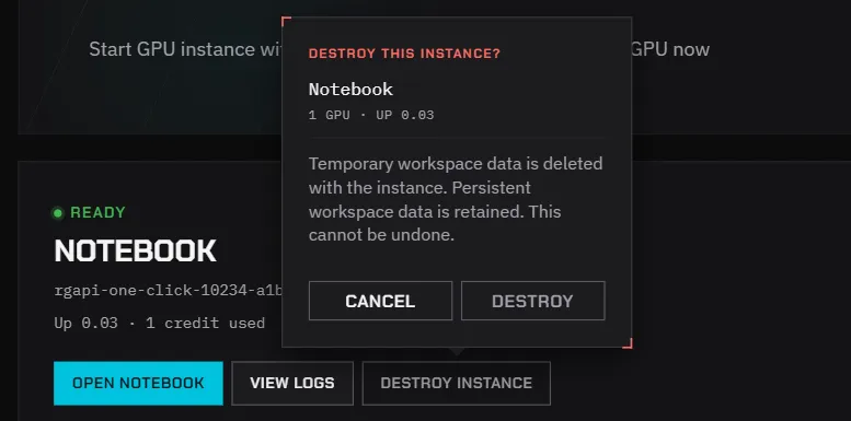 The Destroy this instance? confirmation on the instance card