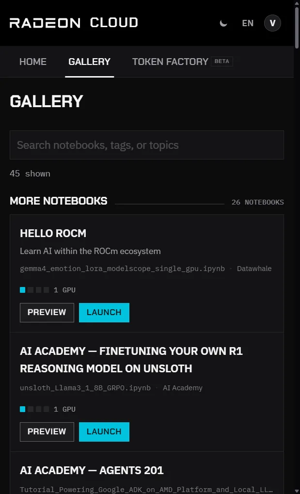 The Gallery with its search box and notebook cards