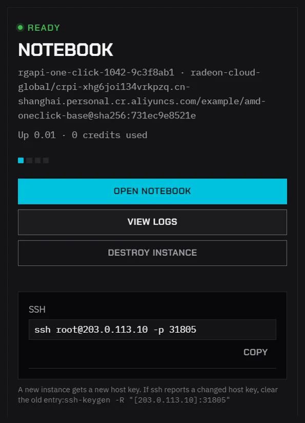 The instance card with Open notebook, View logs, Destroy instance and the SSH command