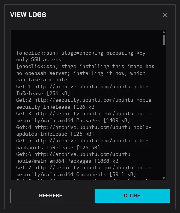 View logs during a launch, showing the platform setting up SSH