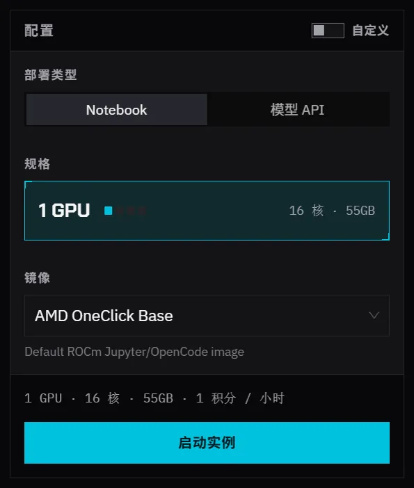 关闭自定义时的启动表单：Notebook、1 GPU、AMD OneClick Base