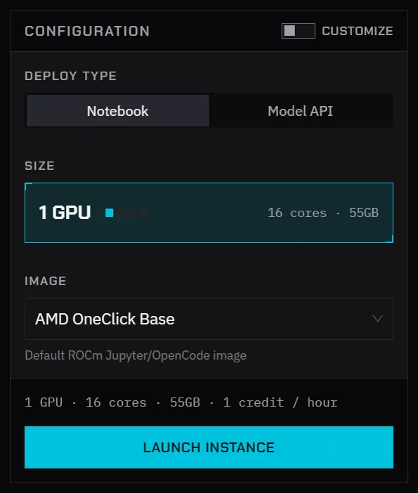 The launch form with Customize off: Notebook, 1 GPU and AMD OneClick Base