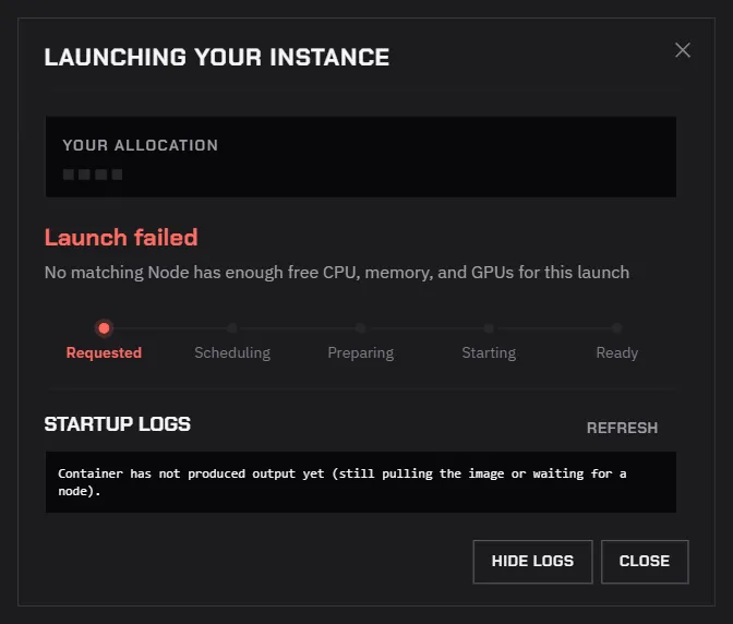 A launch that failed because the resource pool has no free node