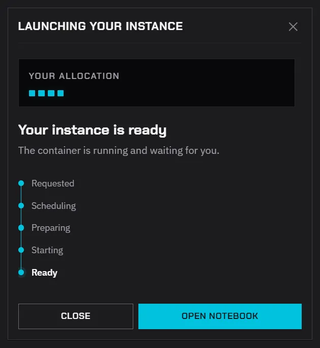 The launch dialog when the instance is ready, with Open notebook