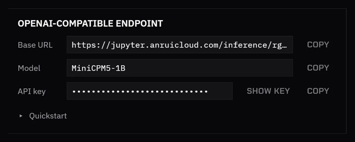 The OpenAI-compatible endpoint card with Base URL, Model and API key