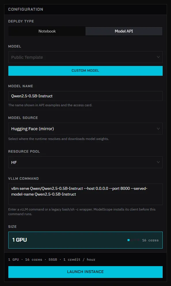 The Custom Model form: Model name, Model source, Resource pool and vLLM Command