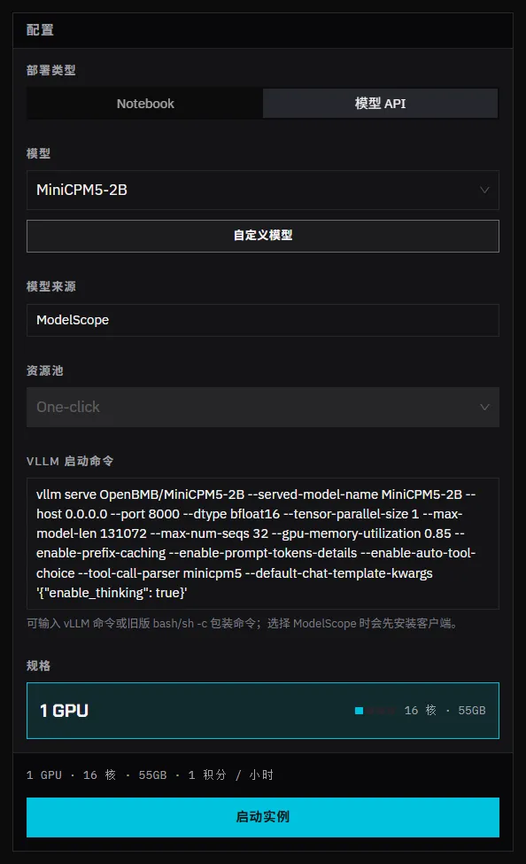 选择了公共模板 MiniCPM5-2B 的模型 API 表单