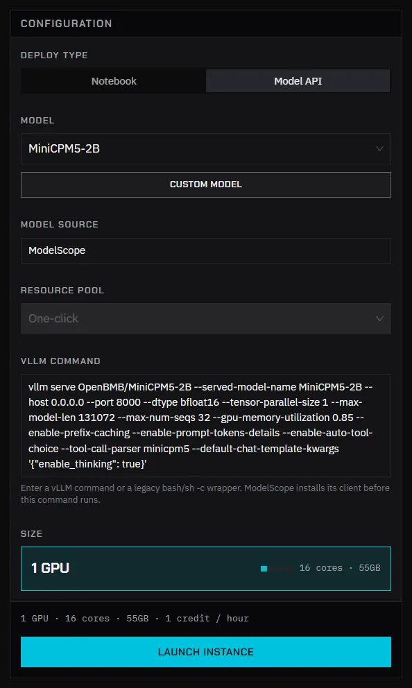 The Model API form with the public template MiniCPM5-2B selected