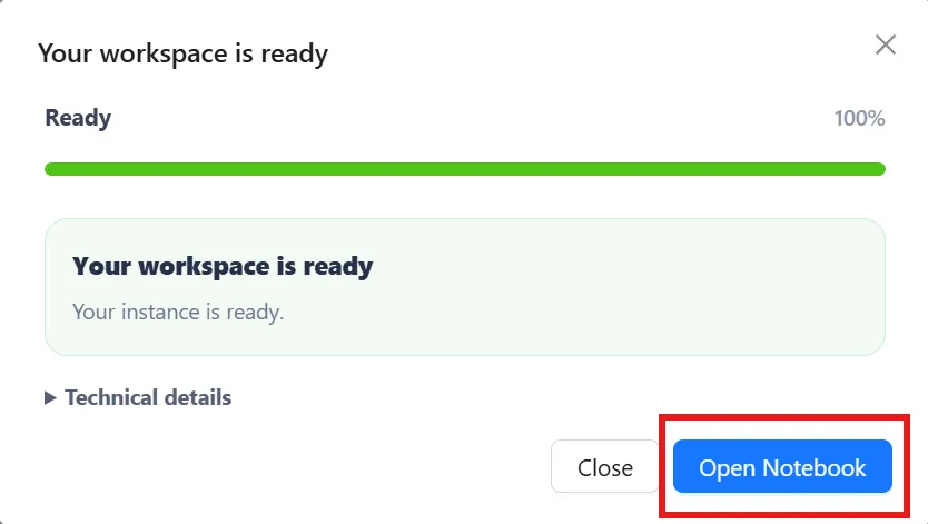 The Open Notebook button in the ready dialog