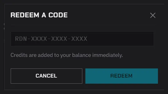 The Redeem a code dialog