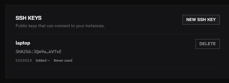 The SSH keys section of Settings with one key added