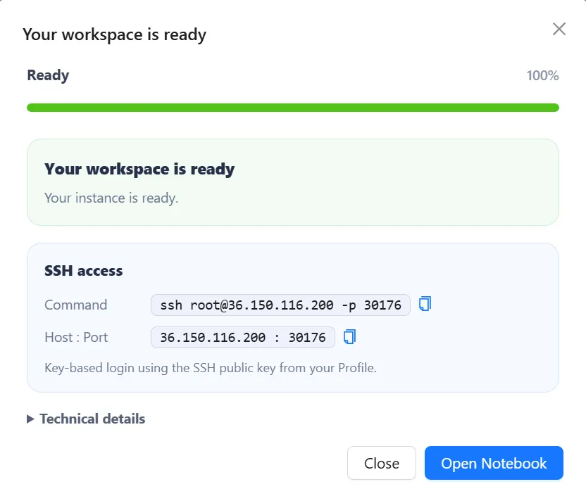 SSH connection details for a running instance