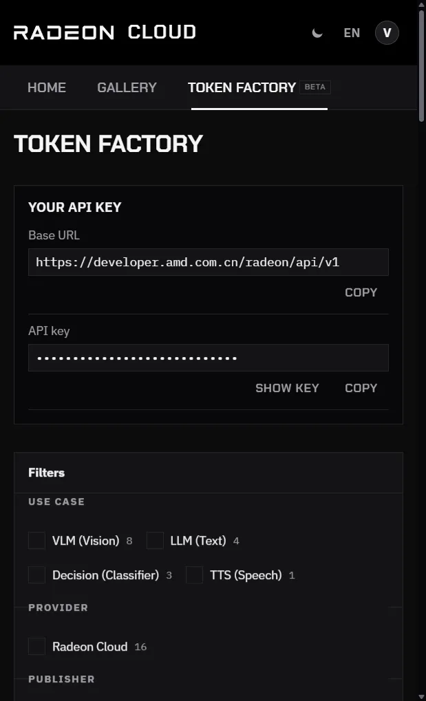 Token Factory with the Your API key card: Base URL and the hidden API key